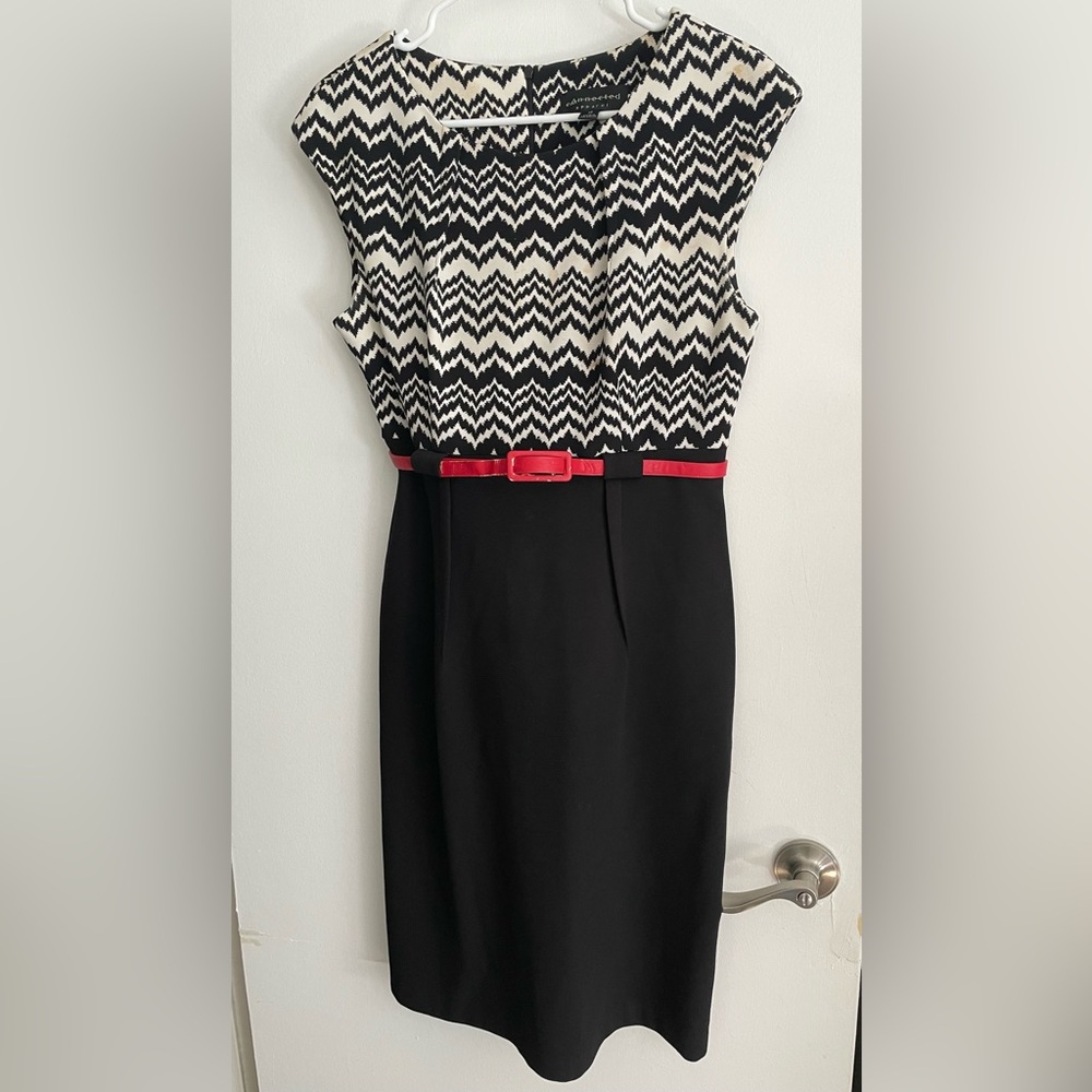 Connected Apparel Black and White Zigzag Mini Dress with Red Belt